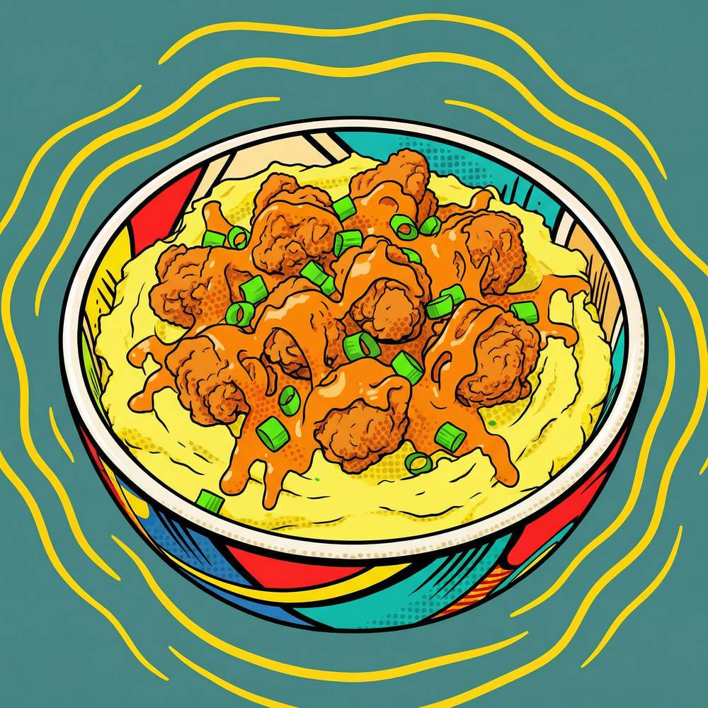 A MashMore bowl of creamy mashed potato topped with crispy chicken
