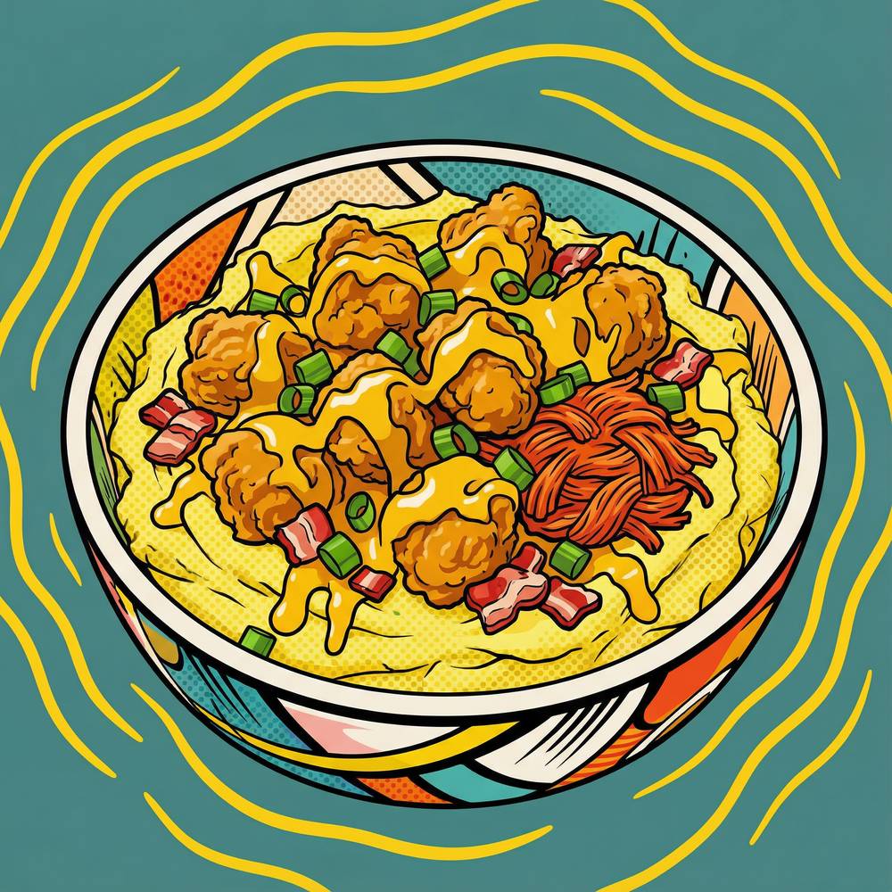 A mash bowl loaded with crispy chicken, bacon and pulled pork