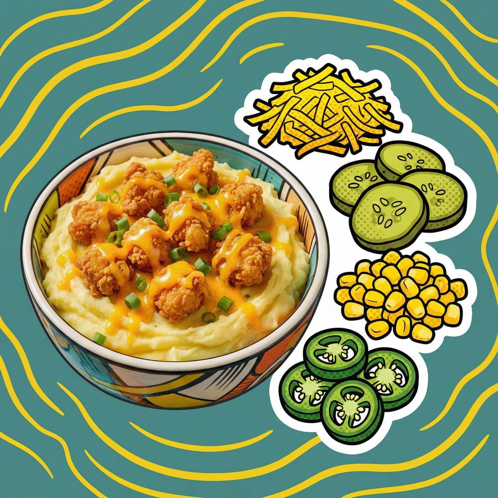Potato chips, pickles, corn and jalapeños beside a loaded mash bowl