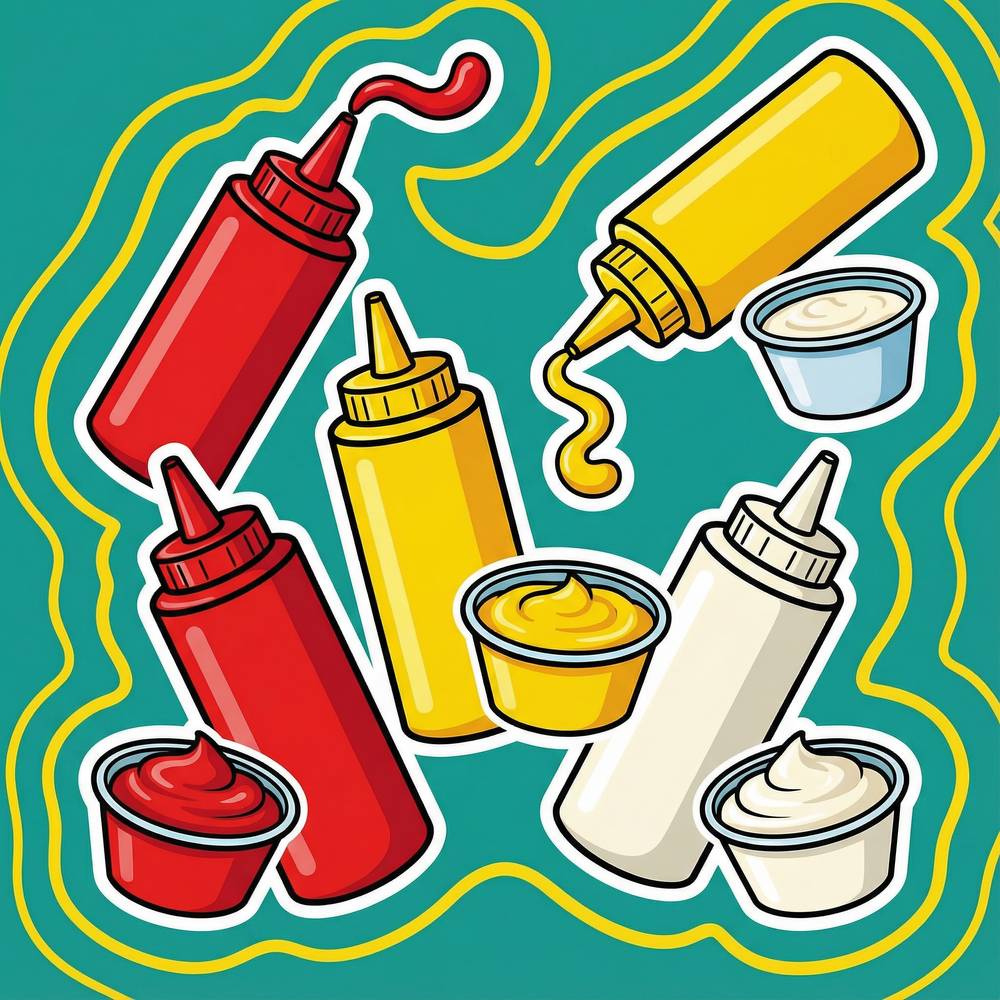 Squeeze bottles and pots of MashMore's signature sauces