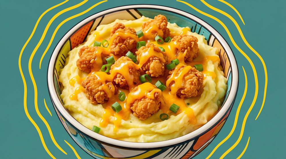A loaded MashMore mash bowl with crispy chicken and gravy