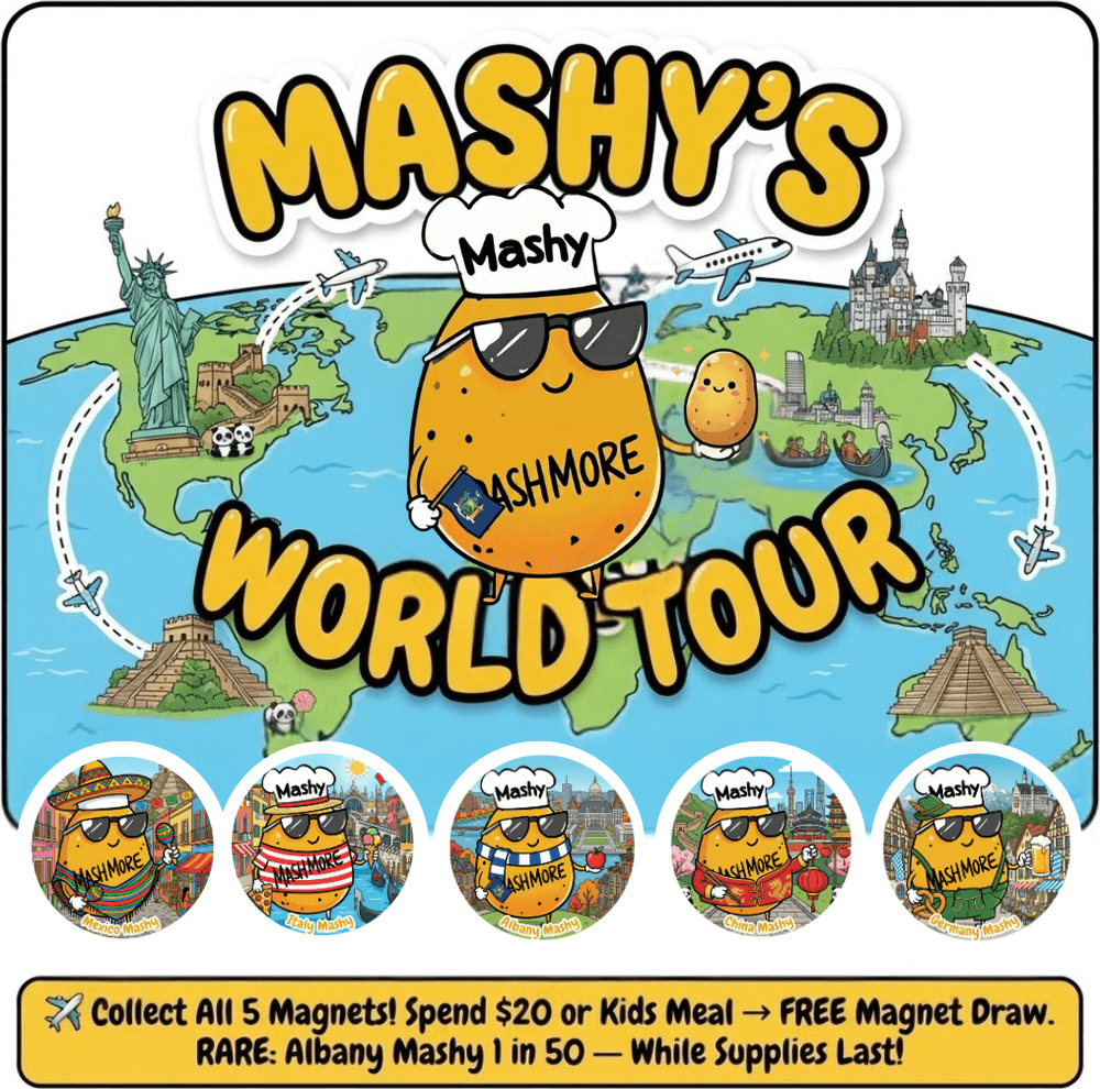 Mashy's World Tour — five collectible magnets: Mexico, Italy, Albany, China and Germany Mashy